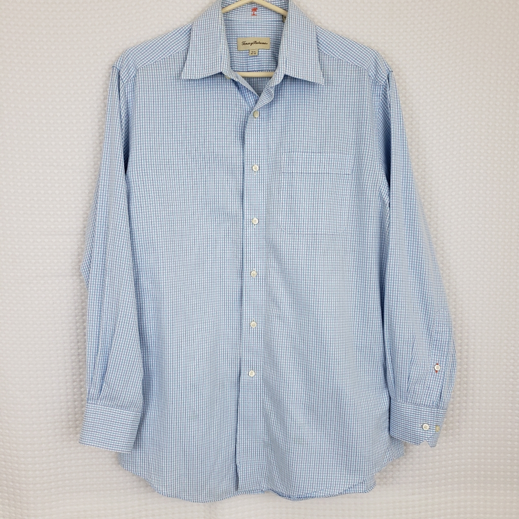 Tommy Bahama Plaid Button Down Blue White Classic Button Up Size 15 1/2 32-33